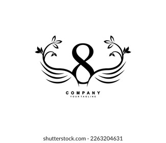 Graceful monogram design element. pretty wings logogram.black number 8 emblem typography with flourish wings for Royalty, business card, Boutique, Hotel, Restaurant, Jewellery, business, company