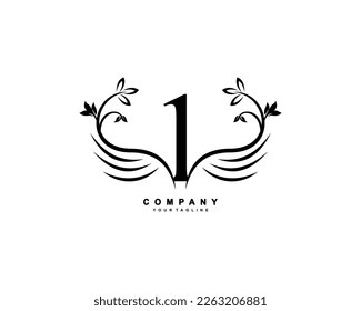 Graceful monogram design element. pretty wings logogram.black number 1 emblem typography with flourish wings for Royalty, business card, Boutique, Hotel, Restaurant, Jewellery, business, company