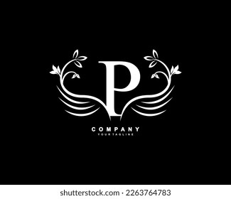 Graceful monograma de diseño. el logograma de las bellas alas. Letra blanca tipografía emblema P con alas florecientes para regalías, tarjeta de visita, Boutique, Hotel, Restaurant, Jewelry, business, empresa