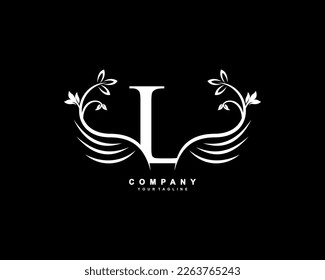 Graceful monogram design element. pretty wings logogram. White letter L emblem typography with flourish wings for Royalty, business card, Boutique, Hotel, Restaurant, Jewellery, business, company