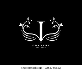 Graceful monogram design element. pretty wings logogram. White letter I emblem typography with flourish wings for Royalty, business card, Boutique, Hotel, Restaurant, Jewellery, business, company