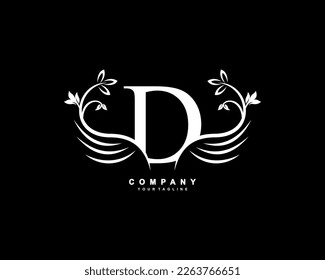 Graceful monogram design element. pretty wings logogram. White letter D emblem typography with flourish wings for Royalty, business card, Boutique, Hotel, Restaurant, Jewellery, business, company