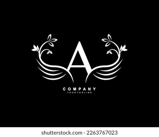 Graceful monogram design element. pretty wings logogram. White letter A emblem typography with flourish wings for Royalty, business card, Boutique, Hotel, Restaurant, Jewellery, business, company