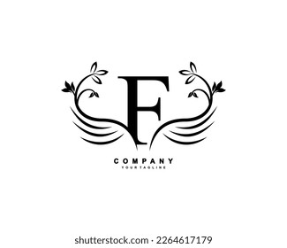 Graceful monogram design element. pretty wings logogram. Black letter F emblem typography with flourish wings for Royalty, business card, Boutique, Hotel, Restaurant, Jewellery, business, company
