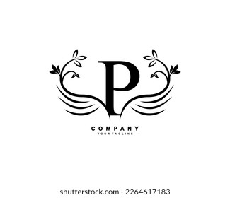 Graceful monogram design element. pretty wings logogram. Black letter P emblem typography with flourish wings for Royalty, business card, Boutique, Hotel, Restaurant, Jewellery, business, company