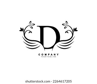 Graceful monogram design element. pretty wings logogram. Black letter D emblem typography with flourish wings for Royalty, business card, Boutique, Hotel, Restaurant, Jewellery, business, company