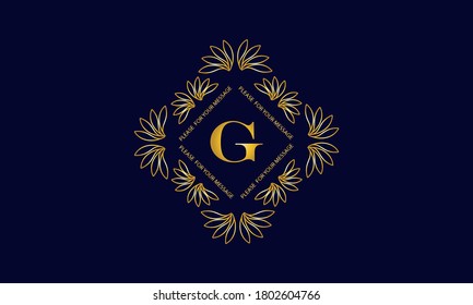 Graceful monogram with the letter G. Golden creative logo on a dark blue background. Floral vector illustration of business, cafe, office, restaurant, heraldry.