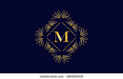 Graceful monogram with the letter M. Golden creative logo on a dark blue background. Floral vector illustration of business, cafe, office, restaurant, heraldry.