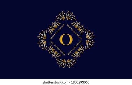 Graceful monogram with the letter O. Golden creative logo on a dark blue background. Floral vector illustration of business, cafe, office, restaurant, heraldry.