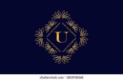 Graceful monogram with the letter U. Golden creative logo on a dark blue background. Floral vector illustration of business, cafe, office, restaurant, heraldry.