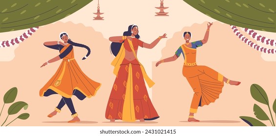 Movimientos Elegantes, Gestos De Mano Intrincados, Trajes Vibrantes Caracterizan Las Danzas De Las Mujeres Indias, Ilustración Vectorial