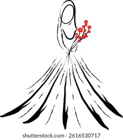 A graceful Muslim woman standing elegantly while holding a bouquet of flowers. She wears a beautiful flowing dress and a hijab, showcasing modest fashion with elegance and poise. suit to islamic theme