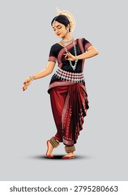 A graceful Odissi classical dancer illustrated in detailed vector art style, performing an elegant traditional dance pose. She is dressed in a rich maroon and black Odissi costume with intricate silver jewelry, including layered necklaces, waist belt, earrings, bangles, and traditional anklets (ghungroo). Her hair is styled in a classic Odissi bun adorned with a white floral crown and traditional headpiece. The dancer displays expressive hand mudras, poised footwork, and serene facial expressions, capturing the beauty, discipline, and cultural heritage of India's ancient classical dance tradition. Isolated on a clean gray background with realistic shading and refined artistic detailing.