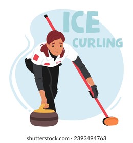 Graceful On The Ice, Una Mujer Se Enreda Con Precisión, Liberando La Piedra Curling. Concentración Echada En Su Cara, Barre, Orquesta Estrategia En El Deporte De Invierno. Ilustración del vector de dibujos animados