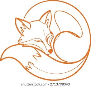 A graceful orange line drawing of a fox curled into a circle with its tail wrapped around.