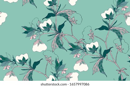 Graceful ornament of cotton flowers on a turquoise, sea foam color background. Seamless floral pattern. Hand-drawn vector illustration with botanical motifs.