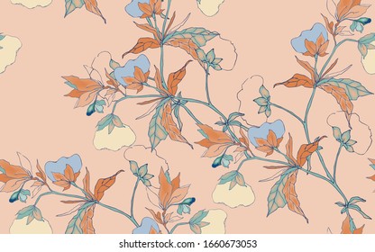 Graceful ornament of cotton flowers on a peach color background. Seamless floral pattern. Hand-drawn vector illustration with botanical motifs.