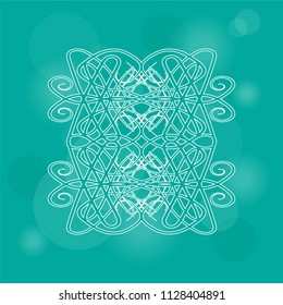 A graceful ornamental element on an original green background with luminous circles. Vector illustration