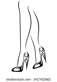 Graceful outline of graceful female feet in stylized shoes with high heels, black over white vector artwork