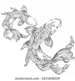 Um gracioso par de koi peixe ilustrado em estilo de arte de linha detalhada, com barbatanas fluindo e embutido padrões florais. Esta obra de arte monocromática combina o simbolismo asiático tradicional com a elega botânica