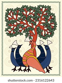 Genussreiche Pfauenfamilie: Exquisite Madhubani Artwork.  Madhubani-Kunst, Zeitgenössische Kunst, Indische Gemälde, Wandgemälde, moderne Kunstmalereien.  