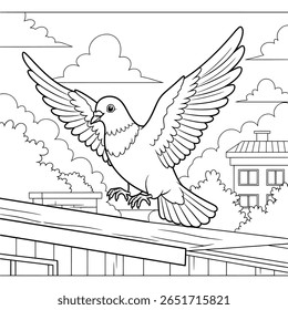 A graceful pigeon landing on a rooftop—perfect for kids' coloring and urban wildlife illustration fans.