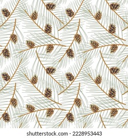 Graceful pine twigs with beautiful cones. Winter floral seamless pattern. Forest nature background. Whimsical festival foliage background. Vintage Christmas and Happy New Year seamless pattern.