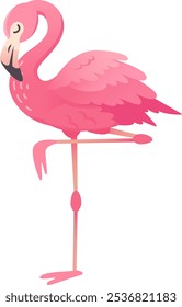 Graceful pink flamingo standing on one leg in tropical setting, adding charm and cuteness to projects with vibrant minimalist design. Perfect for summer fun in greeting cards and social media