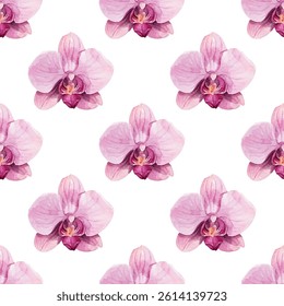 Graceful pink orchids in a seamless pattern on a white background. Perfect for elegant wallpapers, textiles, and branding projects. Add a touch of exotic charm to any design.