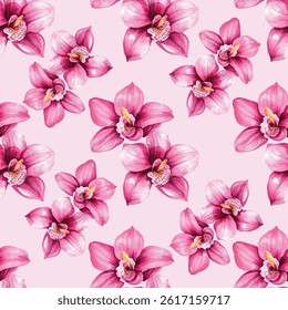 Graceful pink orchids in a seamless pattern on a white background. Perfect for elegant wallpapers, textiles, and branding projects. Add a touch of exotic charm to any design.
