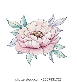 Graceful pink peony blooms with intricate petals surrounded by soft green leaves, embodying the charm of nature in watercolor art