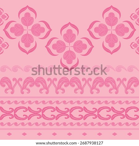 Graceful pink rococo inspired floral seamless pattern with symmetrical arrangements. Perfect for feminine product packaging, fabric prints, interior wallpaper, silk weaves, textiles, apparel, clothes