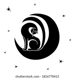 Graceful and playful cat with head tilted to the side on the moon, isolated black vector hand drawing on white