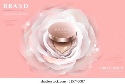 Graceful powder cushion ads, 3d illustration foundation product in the central of a romantic white flower