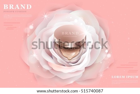 Graceful powder cushion ads, 3d illustration foundation product in the central of a romantic white flower