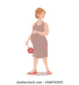 Graceful pregnant woman stands in a modern casual dress holding a pinwheel. Pretty future mother is calm and peaceful. Vector illustration isolated on white background.