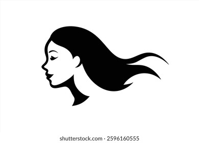 A graceful profile of a woman with long, flowing hair. The design emphasizes elegance and movement, showcasing simplicity and beauty in a minimalist style against a plain background.