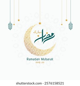 Graceful Ramadan Mubarak design featuring Urdu calligraphy, symbolizing the blessed holy month. Adorned with a crescent, lanterns, stars, and intricate patterns, celebrating spirituality, blessings, a