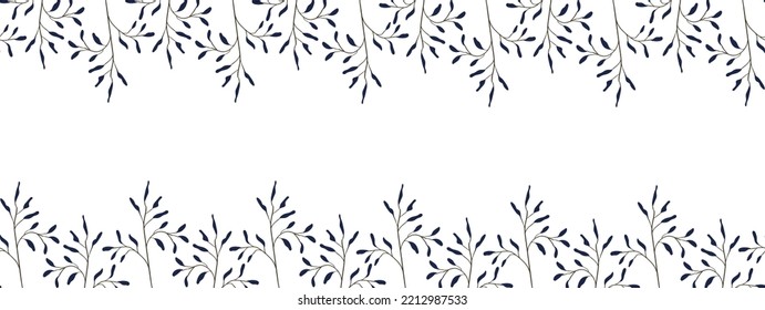 Graceful repeating border with sprigs of ornamental plants on a white background. Botanical frame, banner for text placement. Rectangular vector illustration in naive style.