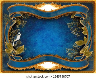 Graceful retro wood cut style frame with bird and plants in blue tone