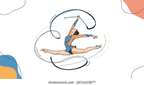 Ginasta rítmica graciosa realizando uma elegante rotina de fita durante um evento atlético competitivo demonstrando flexibilidade e expressão artística