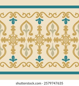 Graceful Rich Embroidery Traditional Handicraft  Gold Green Needle Craft Embroidery Neatly Elegant Scroll Royal Ornament Magnificent Detailed Silk Weaves Border Seamless Stripe Pattern Haute Couture