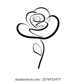 A graceful rose is rendered in a single, flowing line. The line gracefully twists and turns, capturing the delicate curves of the petals and leaves. 