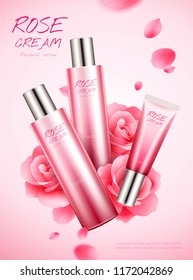 Graceful rose skin care set with flowers and flying petals in 3d illustration