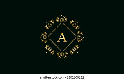 Graceful round monogram with letter A. Golden creative logo on a dark green background. Floral vector illustration of business, cafe, office, restaurant, heraldry.