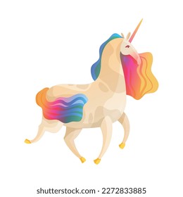 Graceful running cartoon unicorn with rainbow color mane tail and horn vector illustration