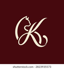 Graceful script letter K forming a cat profile. Ideal for pet boutiques or veterinary clinics.