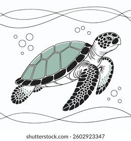A graceful sea turtle glides through crystal-clear waters, surrounded by gentle rays of sunlight filtering through the ocean depths