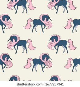 Graceful seamless pattern with blue horses on a light beige, cream background. Vector illustration with ink drawn unicorns.