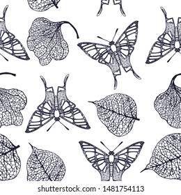 graceful seamless pattern,butterfly ,leaves skeleton , hand drawing , vector